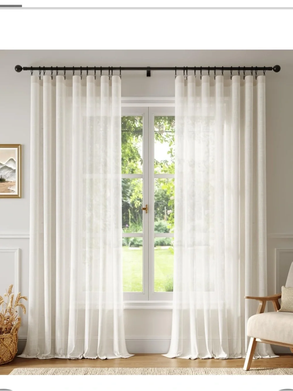 Natural Linen Light-Filtering Semi-Sheer Curtains with Rings & Clips 90” IVORY